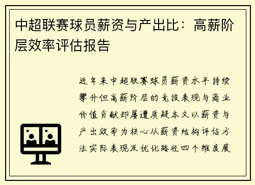 中超联赛球员薪资与产出比：高薪阶层效率评估报告