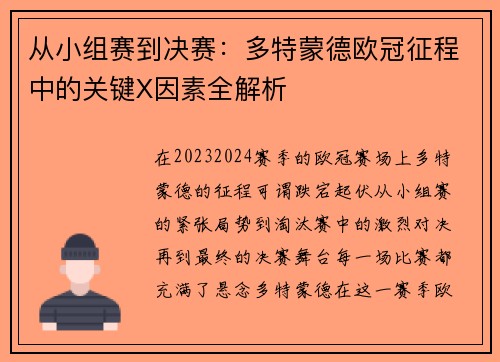 从小组赛到决赛：多特蒙德欧冠征程中的关键X因素全解析